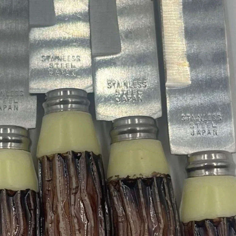 Mid Century‎ Set of 6 Vintage Steak Knives Stainless Steel Japan Faux Antler
